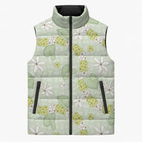 Hawaii Anthurium Tiare Pikake Lei Sleeveless Puffer Jacket Sage Green Lauhala Art Pattern