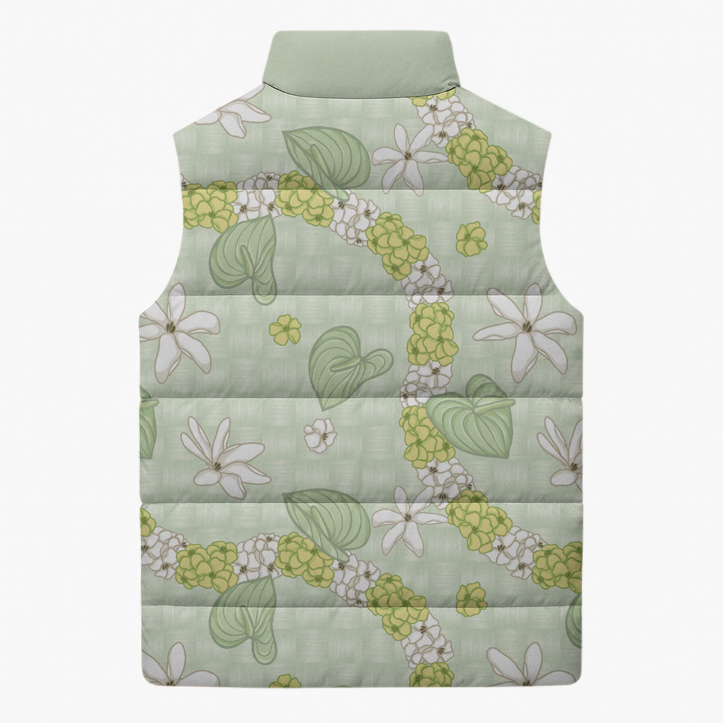 Hawaii Anthurium Tiare Pikake Lei Sleeveless Puffer Jacket Sage Green Lauhala Art Pattern