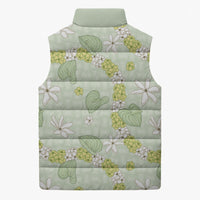Hawaii Anthurium Tiare Pikake Lei Sleeveless Puffer Jacket Sage Green Lauhala Art Pattern