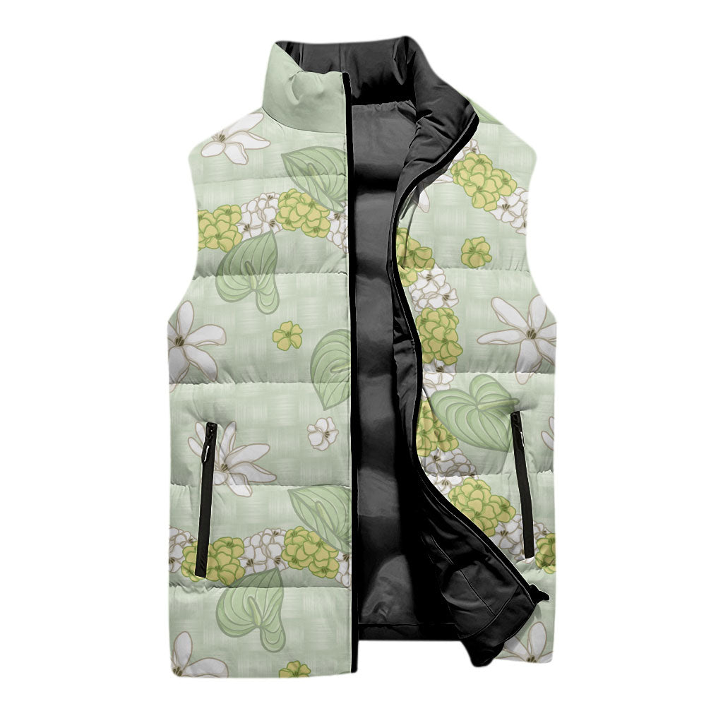 Hawaii Anthurium Tiare Pikake Lei Sleeveless Puffer Jacket Sage Green Lauhala Art Pattern