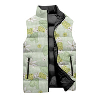 Hawaii Anthurium Tiare Pikake Lei Sleeveless Puffer Jacket Sage Green Lauhala Art Pattern