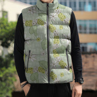 Hawaii Anthurium Tiare Pikake Lei Sleeveless Puffer Jacket Sage Green Lauhala Art Pattern