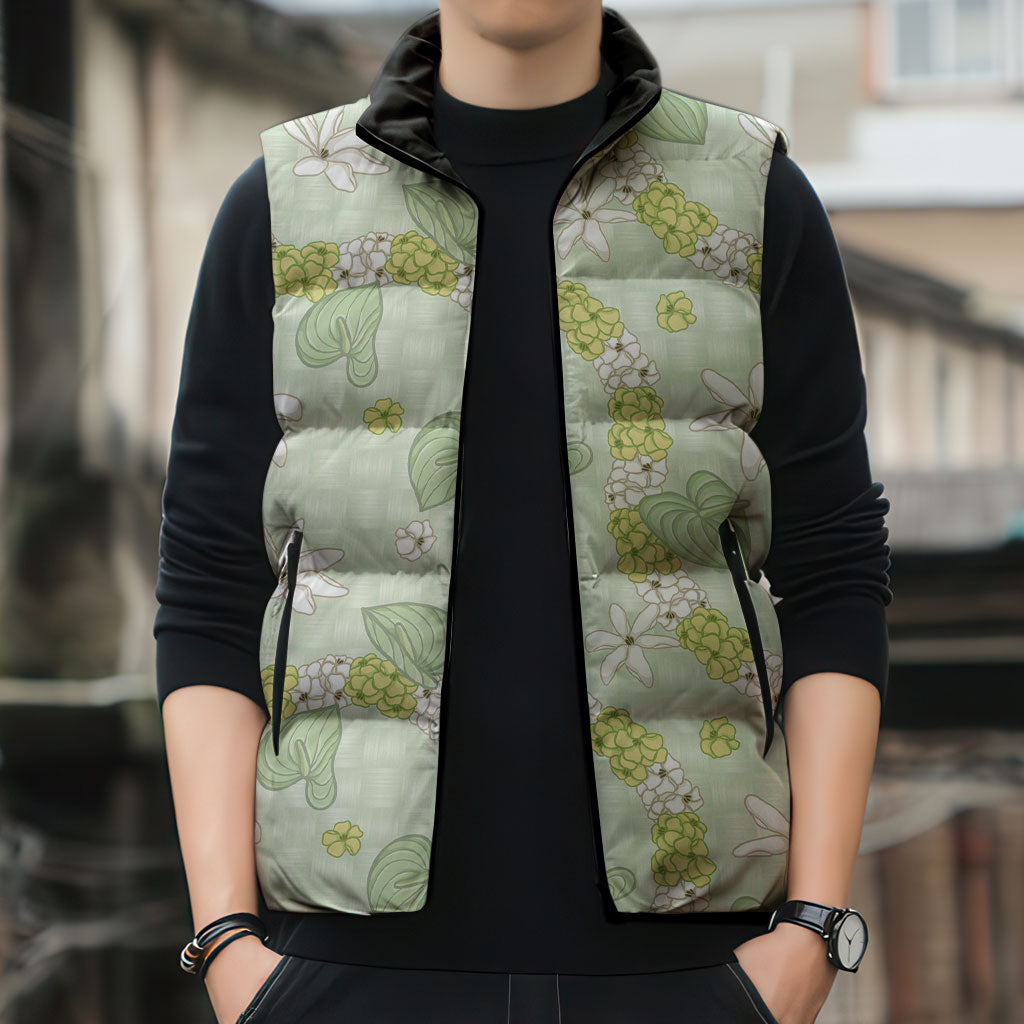 Hawaii Anthurium Tiare Pikake Lei Sleeveless Puffer Jacket Sage Green Lauhala Art Pattern