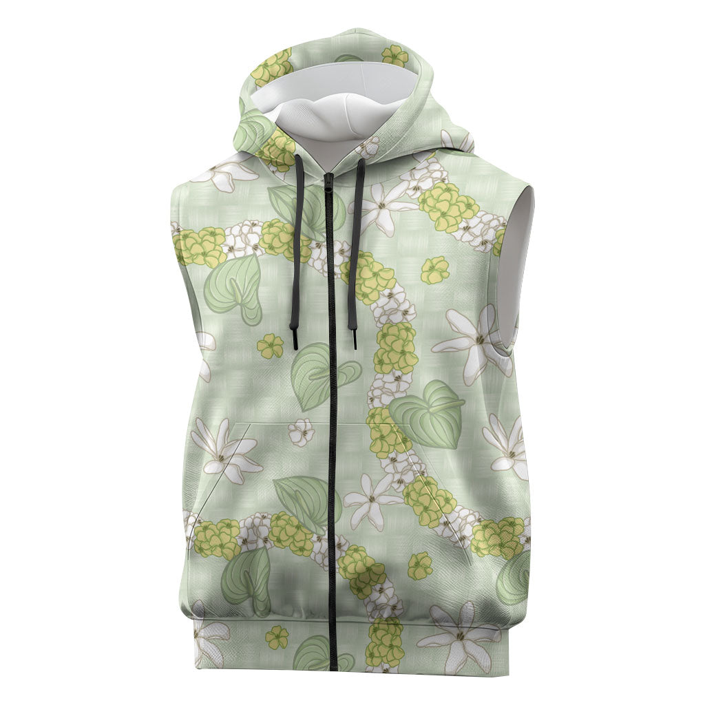 Hawaii Anthurium Tiare Pikake Lei Sleeveless Zip Hoodie Sage Green Lauhala Art Pattern LT01 Green - Polynesian Pride