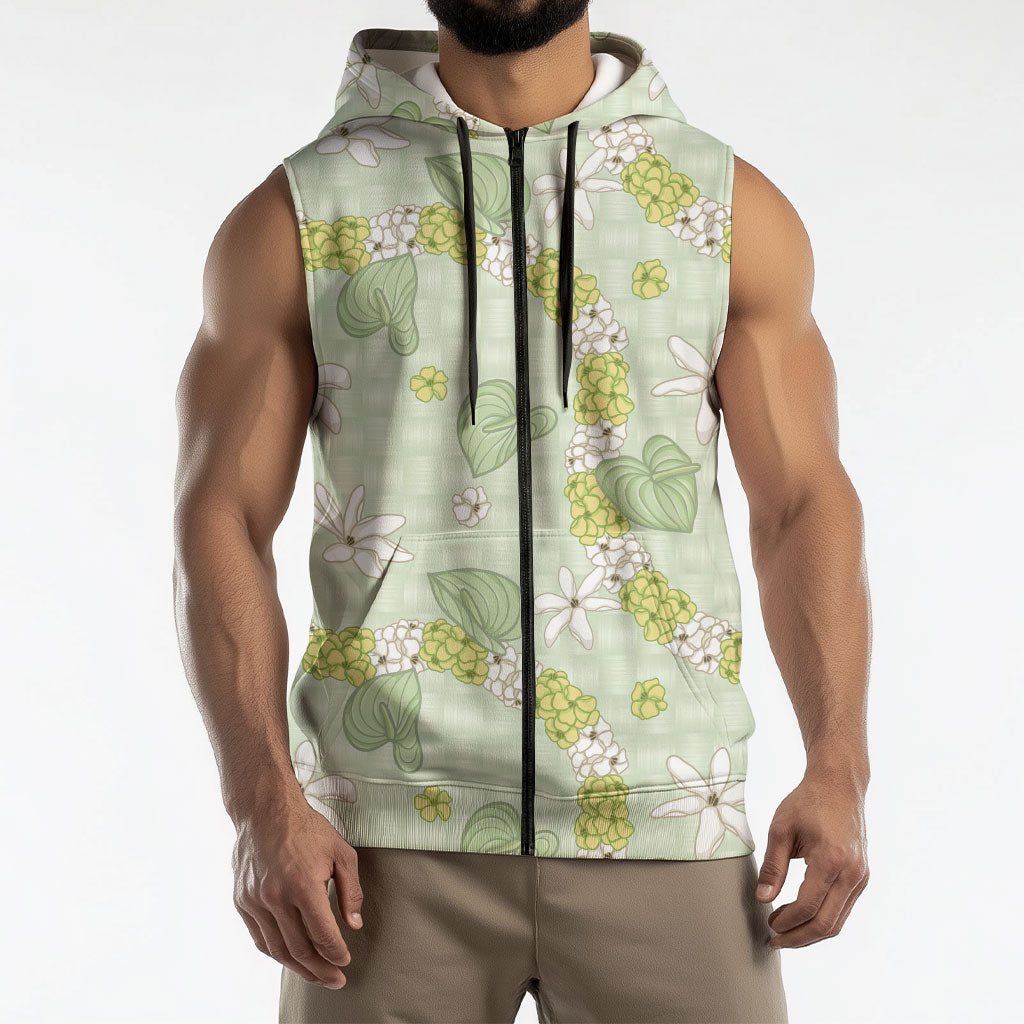 Hawaii Anthurium Tiare Pikake Lei Sleeveless Zip Hoodie Sage Green Lauhala Art Pattern LT01 - Polynesian Pride