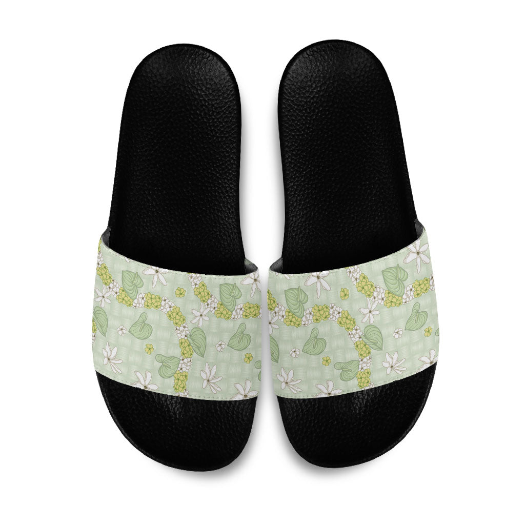 Hawaii Anthurium Tiare Pikake Lei Slide Sandals Sage Green Lauhala Art Pattern LT01 Green - Polynesian Pride