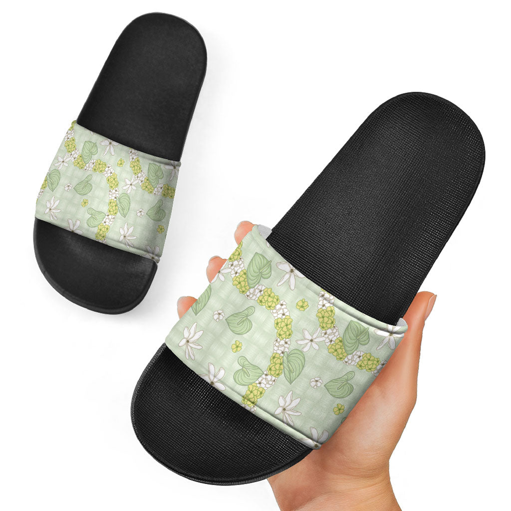 Hawaii Anthurium Tiare Pikake Lei Slide Sandals Sage Green Lauhala Art Pattern LT01 - Polynesian Pride