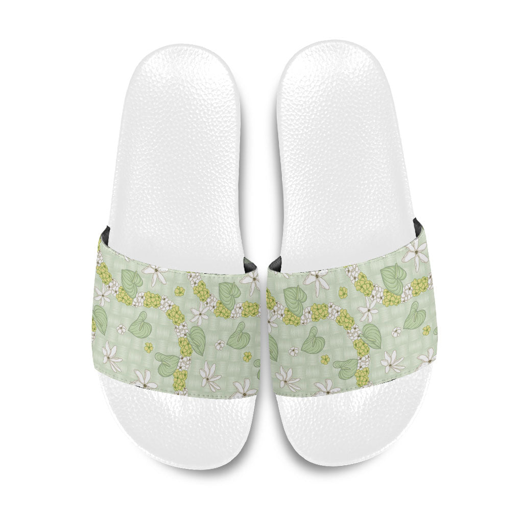 Hawaii Anthurium Tiare Pikake Lei Slide Sandals Sage Green Lauhala Art Pattern LT01 Green - Polynesian Pride