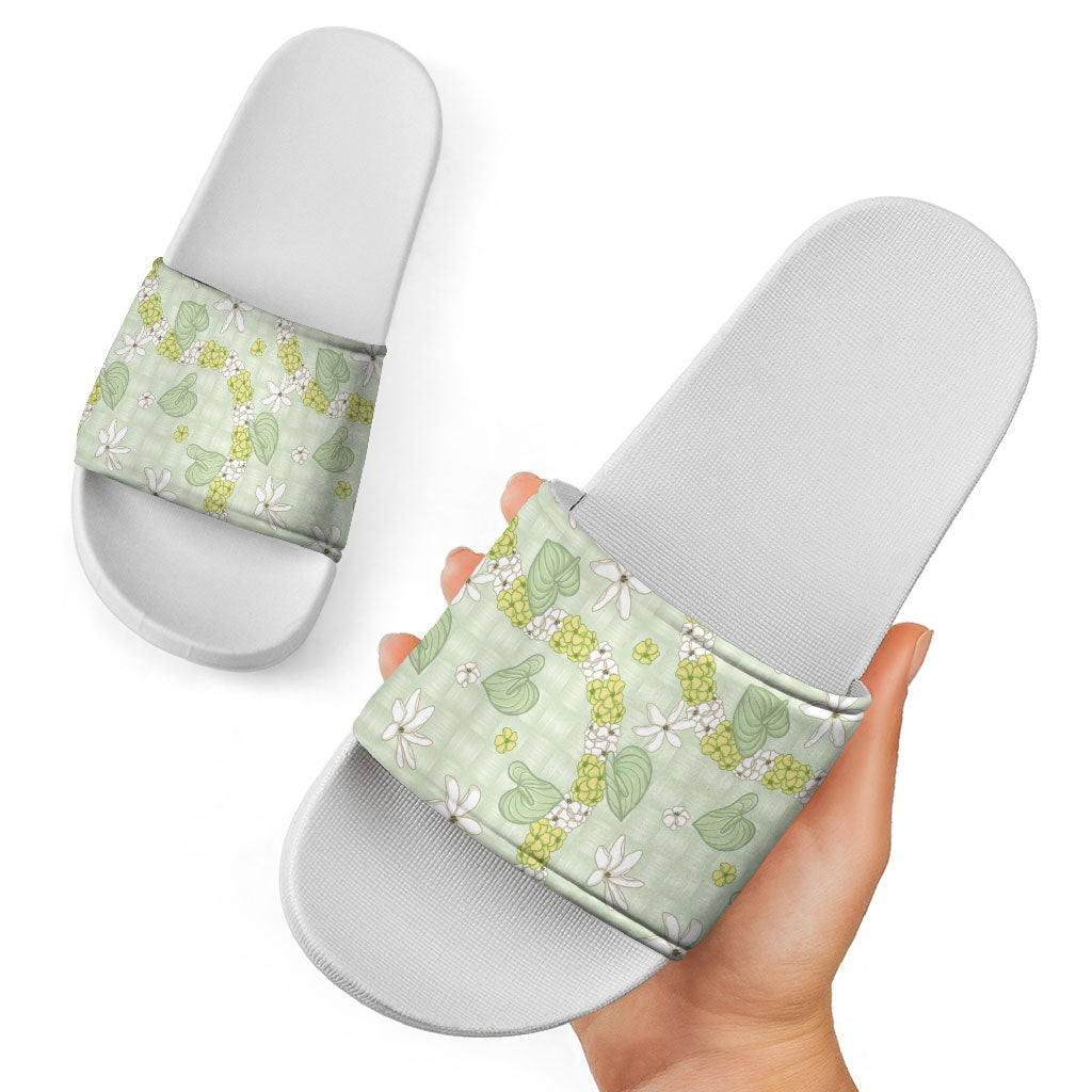 Hawaii Anthurium Tiare Pikake Lei Slide Sandals Sage Green Lauhala Art Pattern LT01 - Polynesian Pride