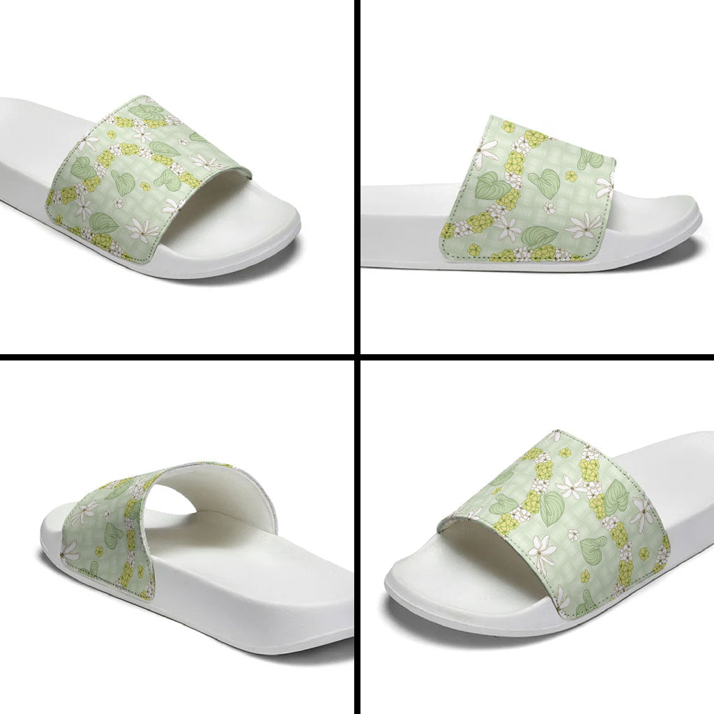 Hawaii Anthurium Tiare Pikake Lei Slide Sandals Sage Green Lauhala Art Pattern LT01 - Polynesian Pride