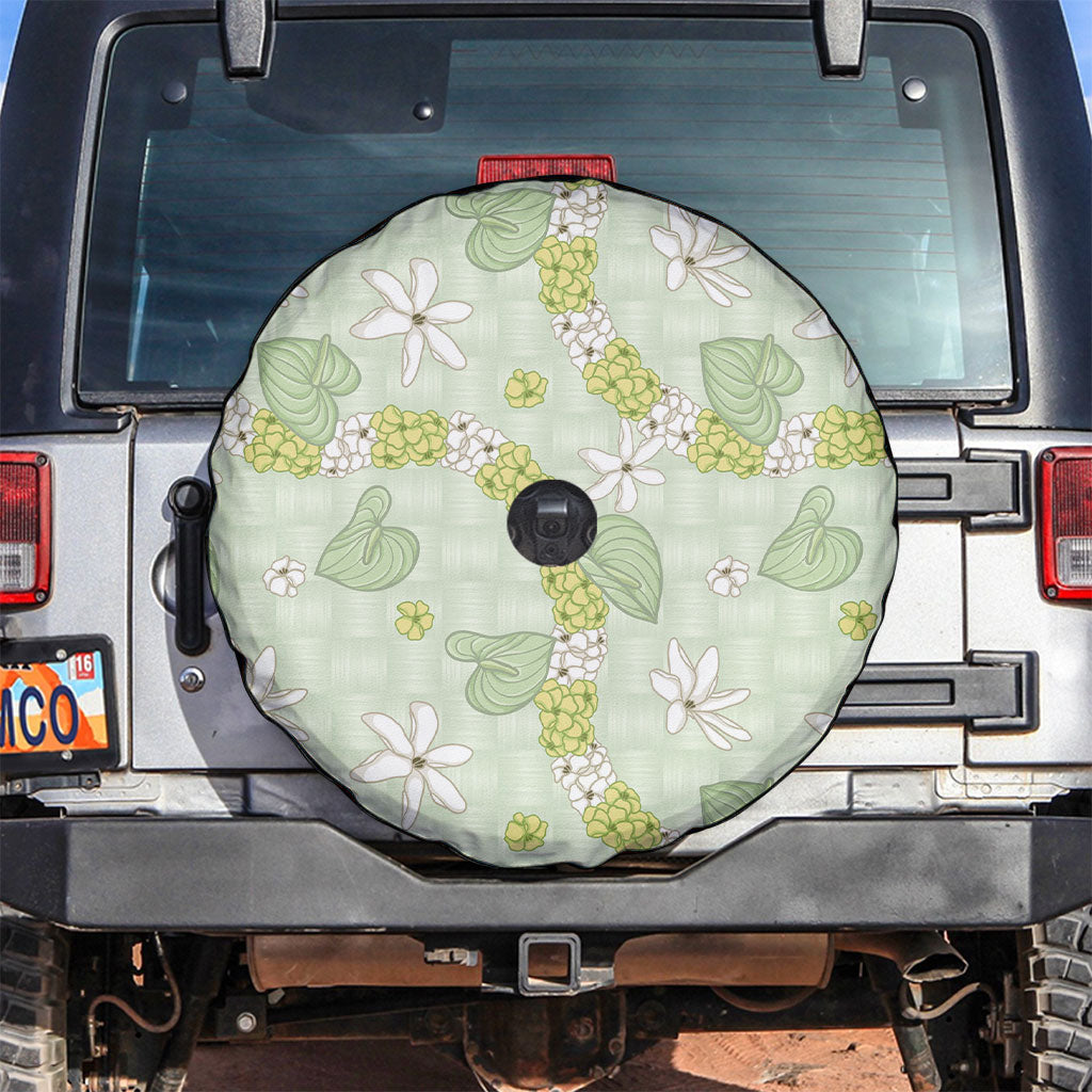 Hawaii Anthurium Tiare Pikake Lei Spare Tire Cover Sage Green Lauhala Art Pattern LT01 Green - Polynesian Pride