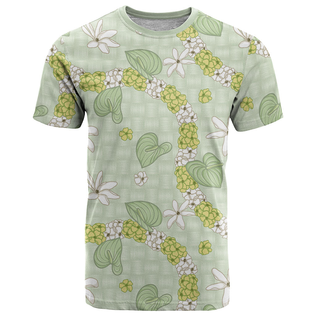 Hawaii Anthurium Tiare Pikake Lei T Shirt Sage Green Lauhala Art Pattern