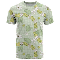 Hawaii Anthurium Tiare Pikake Lei T Shirt Sage Green Lauhala Art Pattern