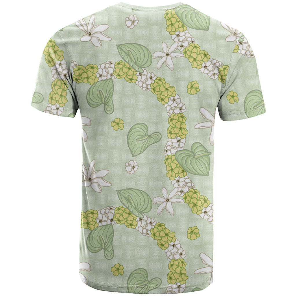 Hawaii Anthurium Tiare Pikake Lei T Shirt Sage Green Lauhala Art Pattern