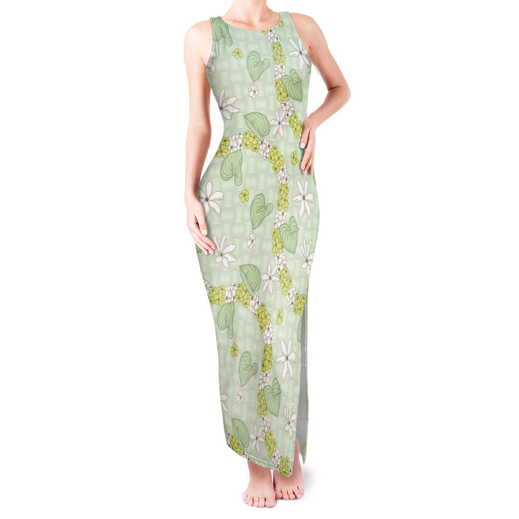 Hawaii Anthurium Tiare Pikake Lei Tank Maxi Dress Sage Green Lauhala Art Pattern LT01 Women Green - Polynesian Pride