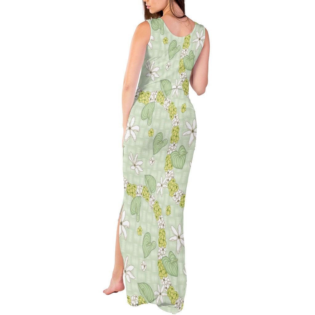 Hawaii Anthurium Tiare Pikake Lei Tank Maxi Dress Sage Green Lauhala Art Pattern LT01 - Polynesian Pride