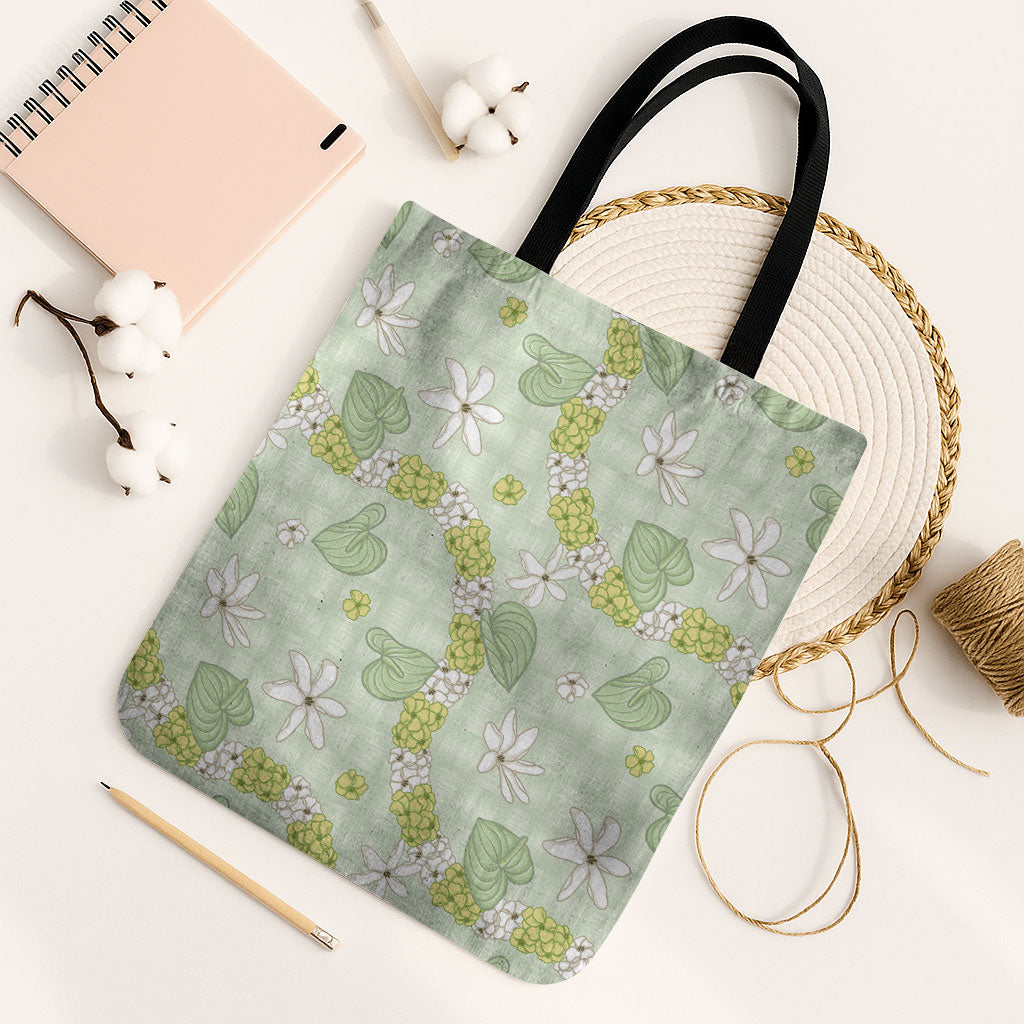 Hawaii Anthurium Tiare Pikake Lei Tote Bag Sage Green Lauhala Art Pattern