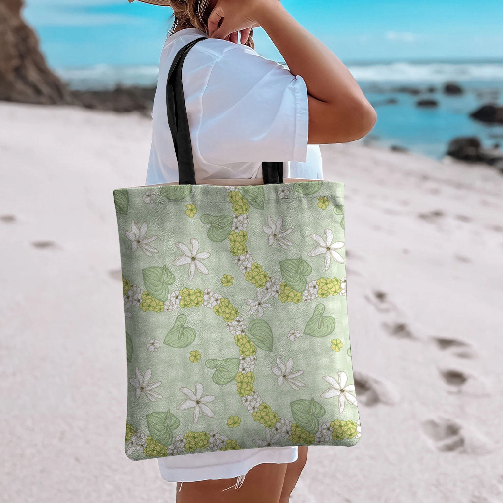 Hawaii Anthurium Tiare Pikake Lei Tote Bag Sage Green Lauhala Art Pattern