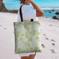 Hawaii Anthurium Tiare Pikake Lei Tote Bag Sage Green Lauhala Art Pattern