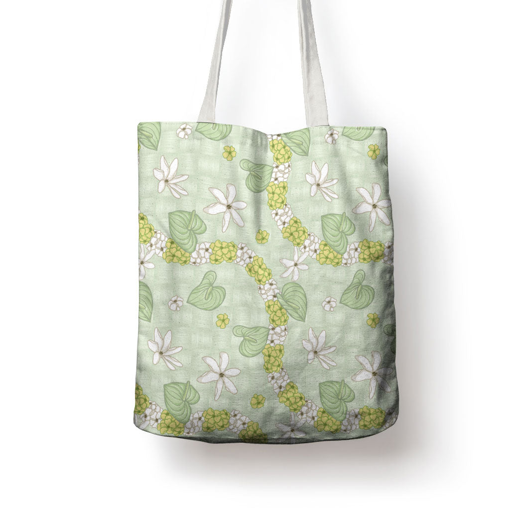 Hawaii Anthurium Tiare Pikake Lei Tote Bag Sage Green Lauhala Art Pattern