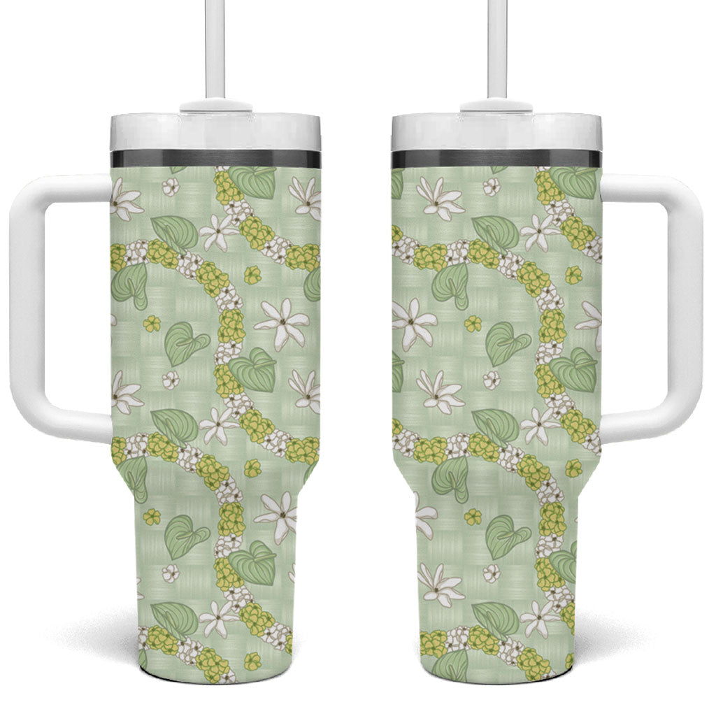 Hawaii Anthurium Tiare Pikake Lei Tumbler With Handle Sage Green Lauhala Art Pattern LT01 One Size: 40 oz Green - Polynesian Pride