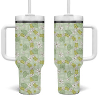 Hawaii Anthurium Tiare Pikake Lei Tumbler With Handle Sage Green Lauhala Art Pattern LT01 One Size: 40 oz Green - Polynesian Pride