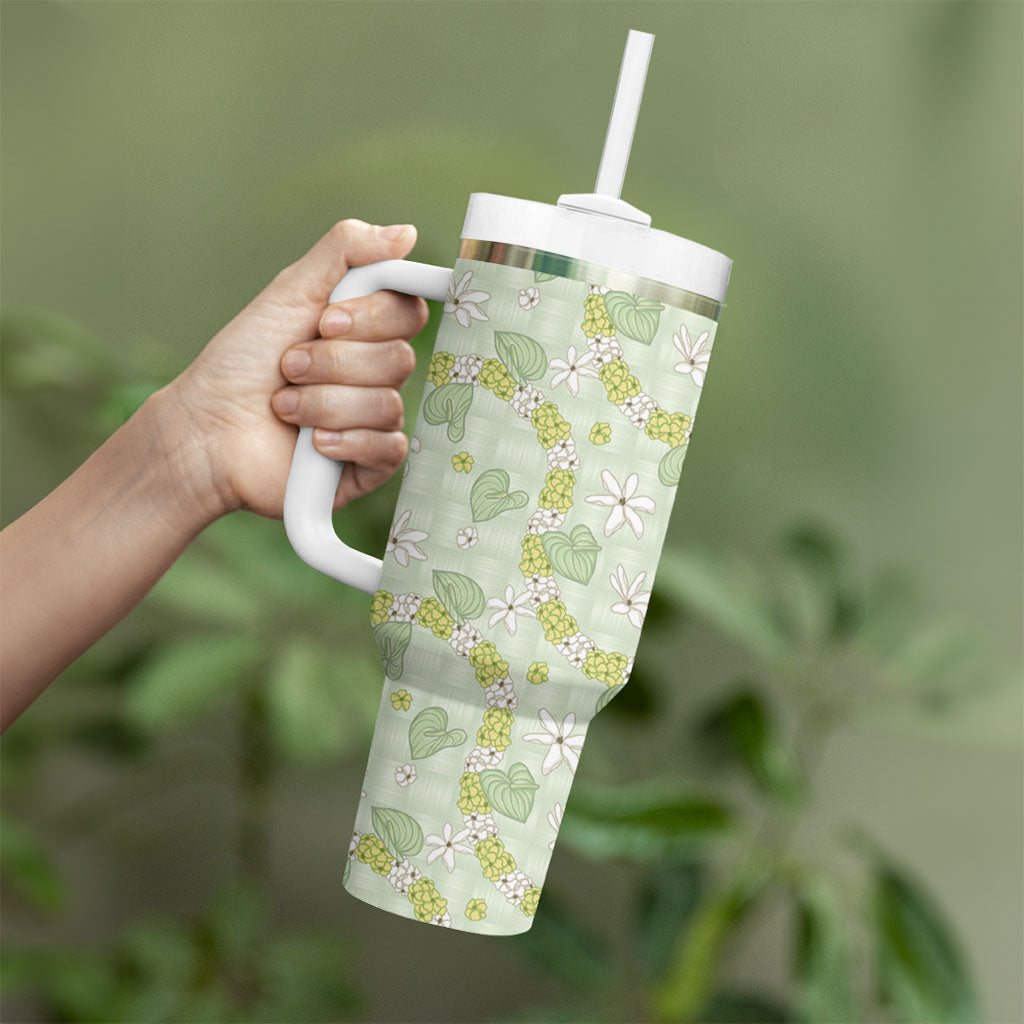 Hawaii Anthurium Tiare Pikake Lei Tumbler With Handle Sage Green Lauhala Art Pattern LT01 - Polynesian Pride