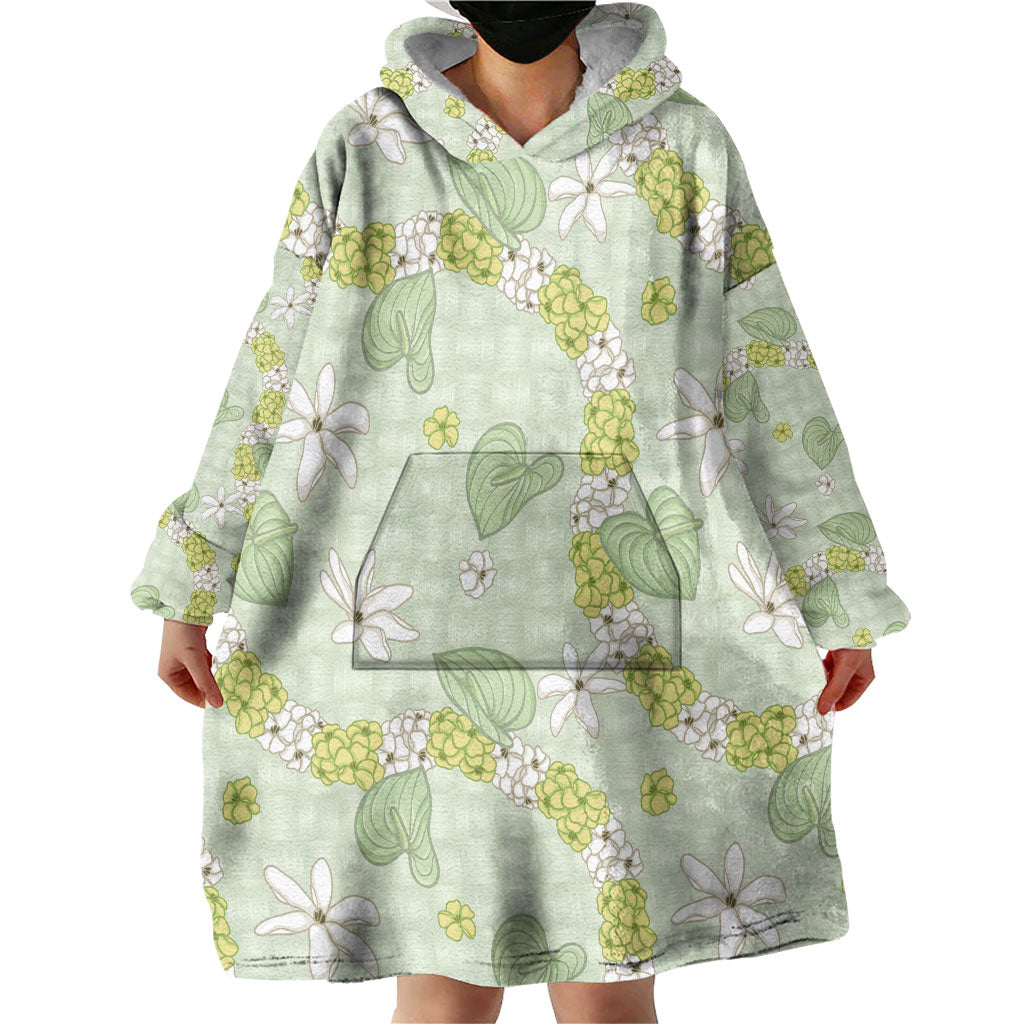 Hawaii Anthurium Tiare Pikake Lei Wearable Blanket Hoodie Sage Green Lauhala Art Pattern LT01 - Polynesian Pride