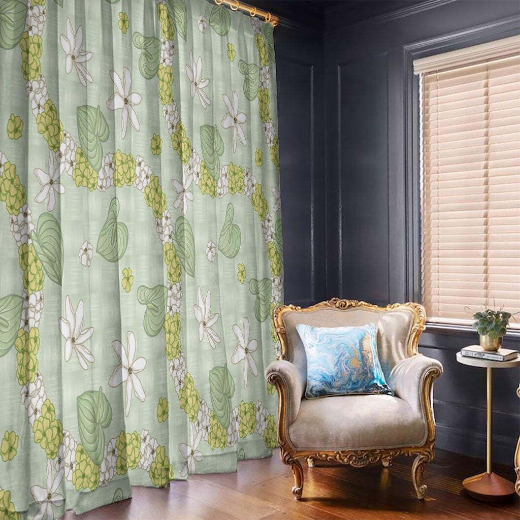 Hawaii Anthurium Tiare Pikake Lei Window Curtain Sage Green Lauhala Art Pattern LT01 - Polynesian Pride