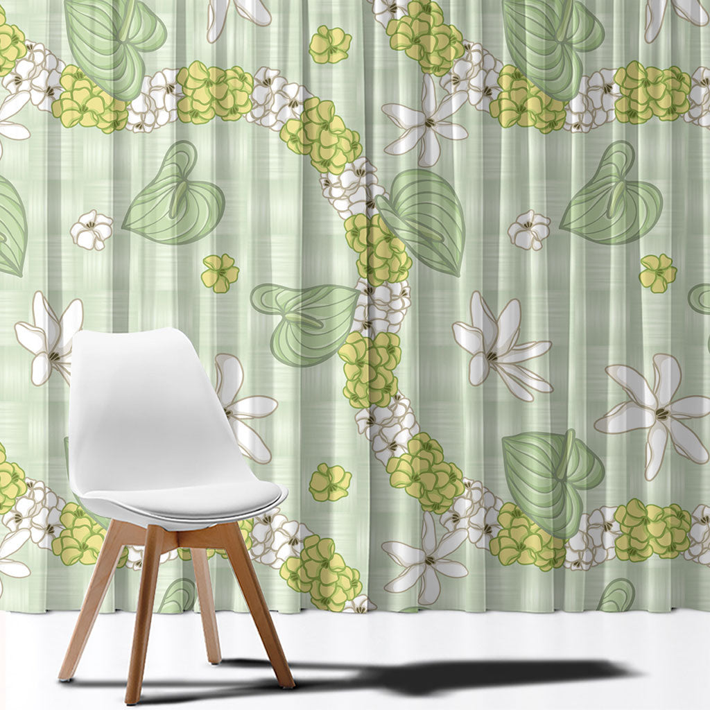 Hawaii Anthurium Tiare Pikake Lei Window Curtain Sage Green Lauhala Art Pattern LT01 - Polynesian Pride