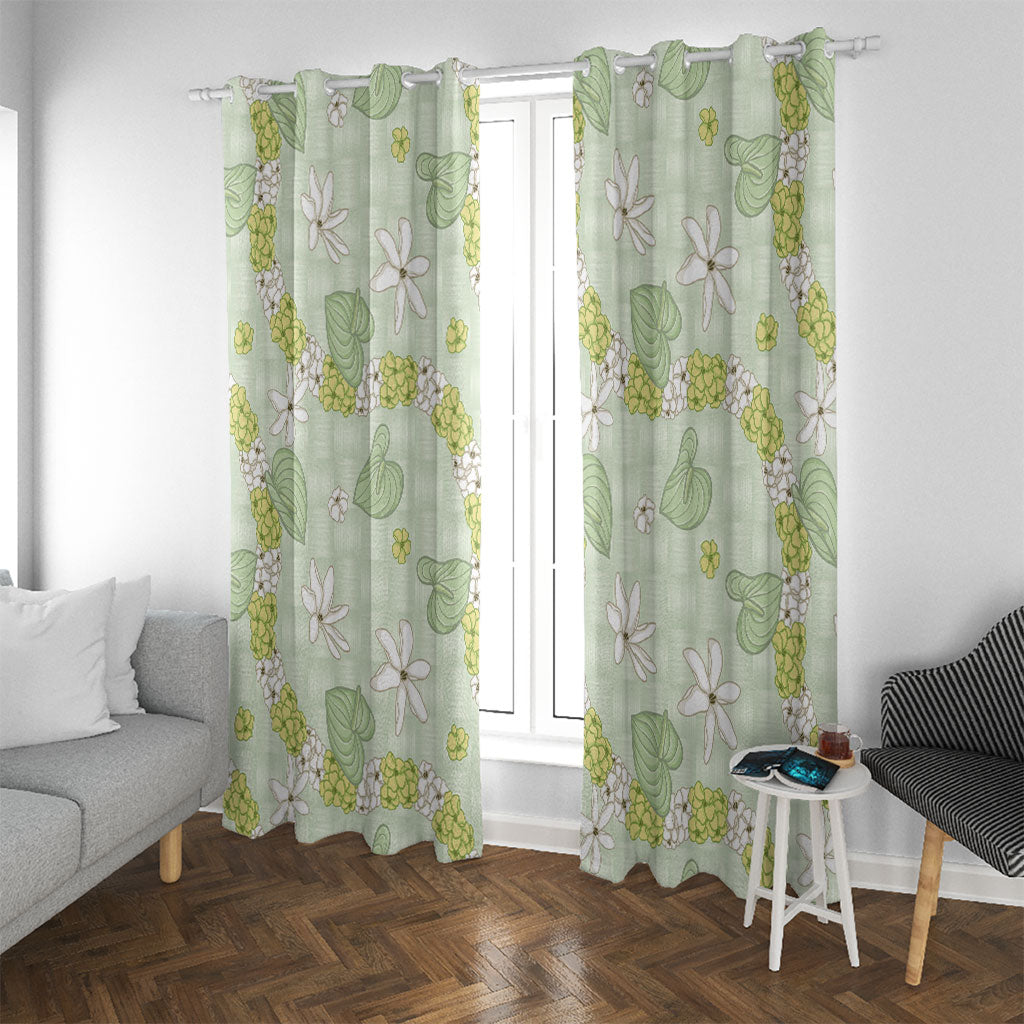 Hawaii Anthurium Tiare Pikake Lei Window Curtain Sage Green Lauhala Art Pattern LT01 With Grommets Green - Polynesian Pride