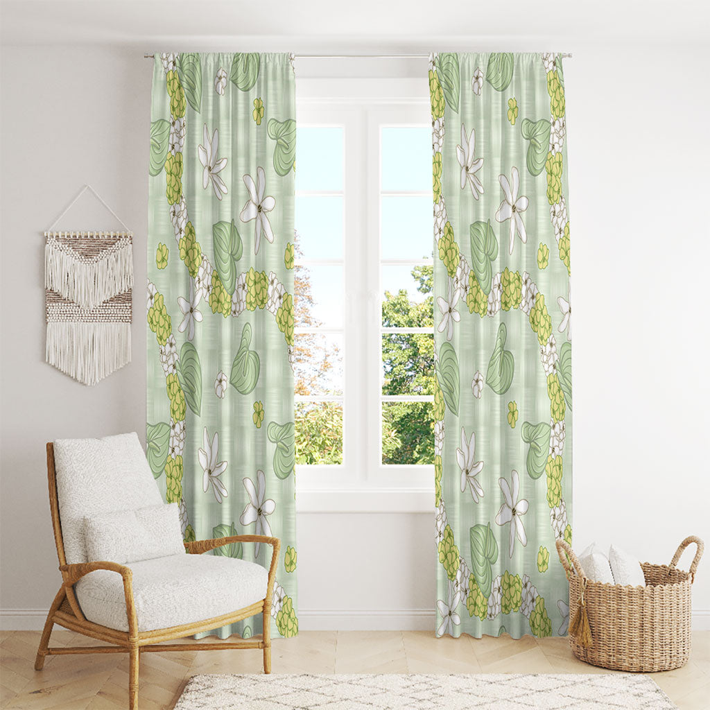 Hawaii Anthurium Tiare Pikake Lei Window Curtain Sage Green Lauhala Art Pattern LT01 - Polynesian Pride