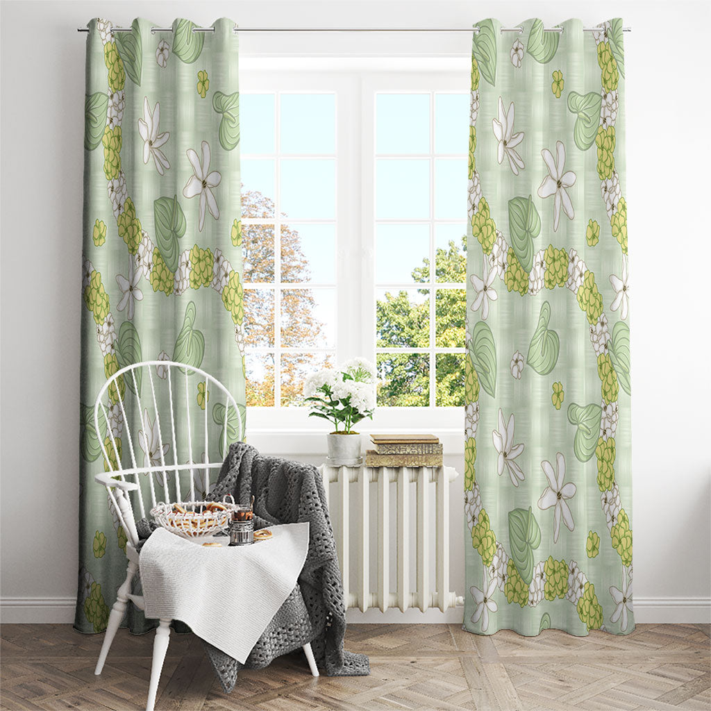 Hawaii Anthurium Tiare Pikake Lei Window Curtain Sage Green Lauhala Art Pattern LT01 - Polynesian Pride