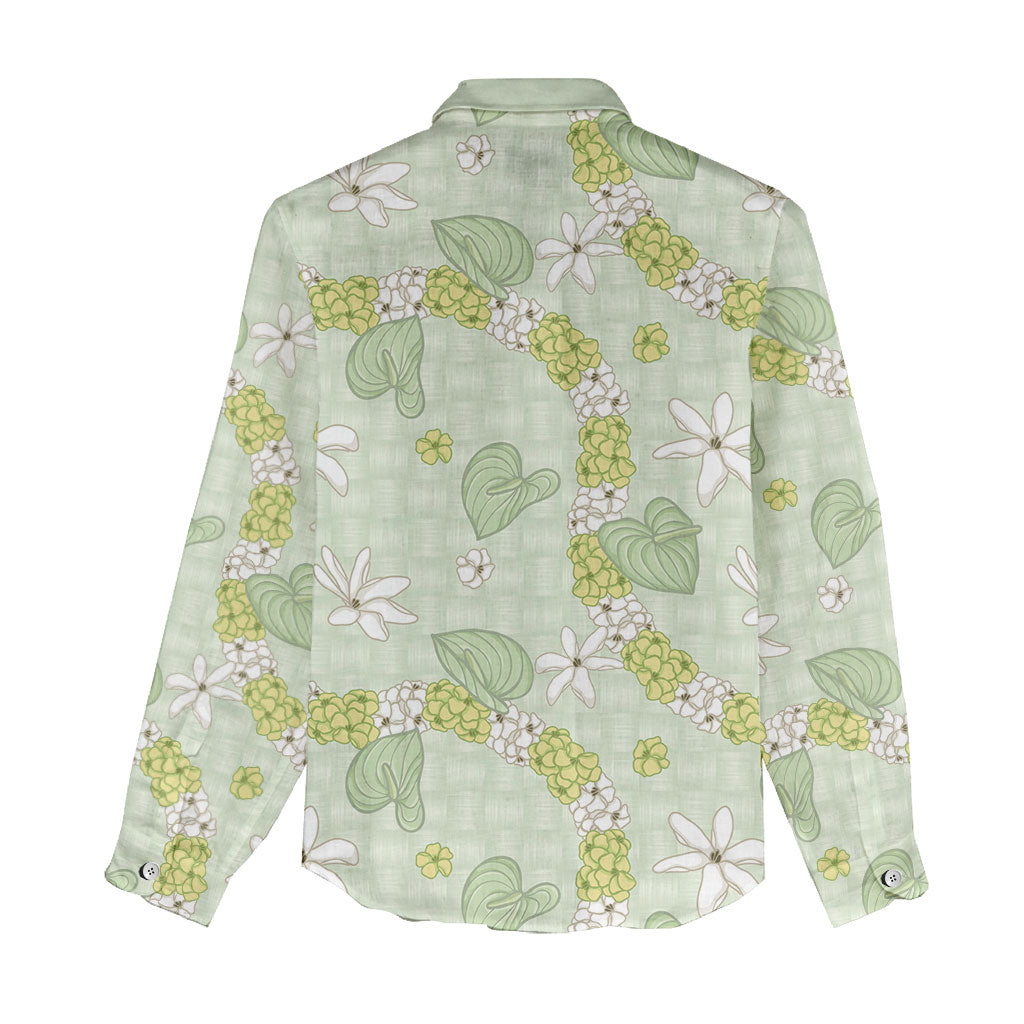 Hawaii Anthurium Tiare Pikake Lei Women Casual Shirt Sage Green Lauhala Art Pattern LT01 - Polynesian Pride