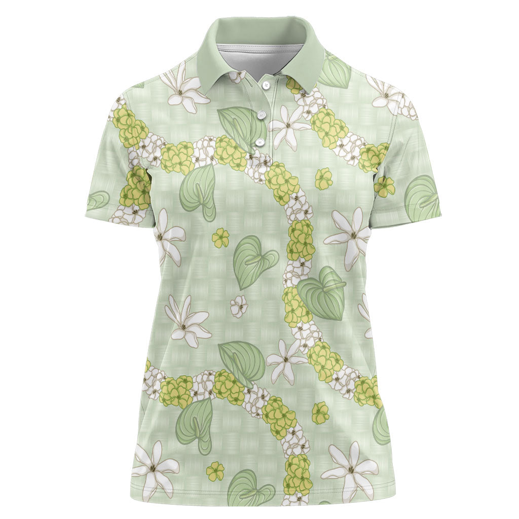 Hawaii Anthurium Tiare Pikake Lei Women Polo Shirt Sage Green Lauhala Art Pattern