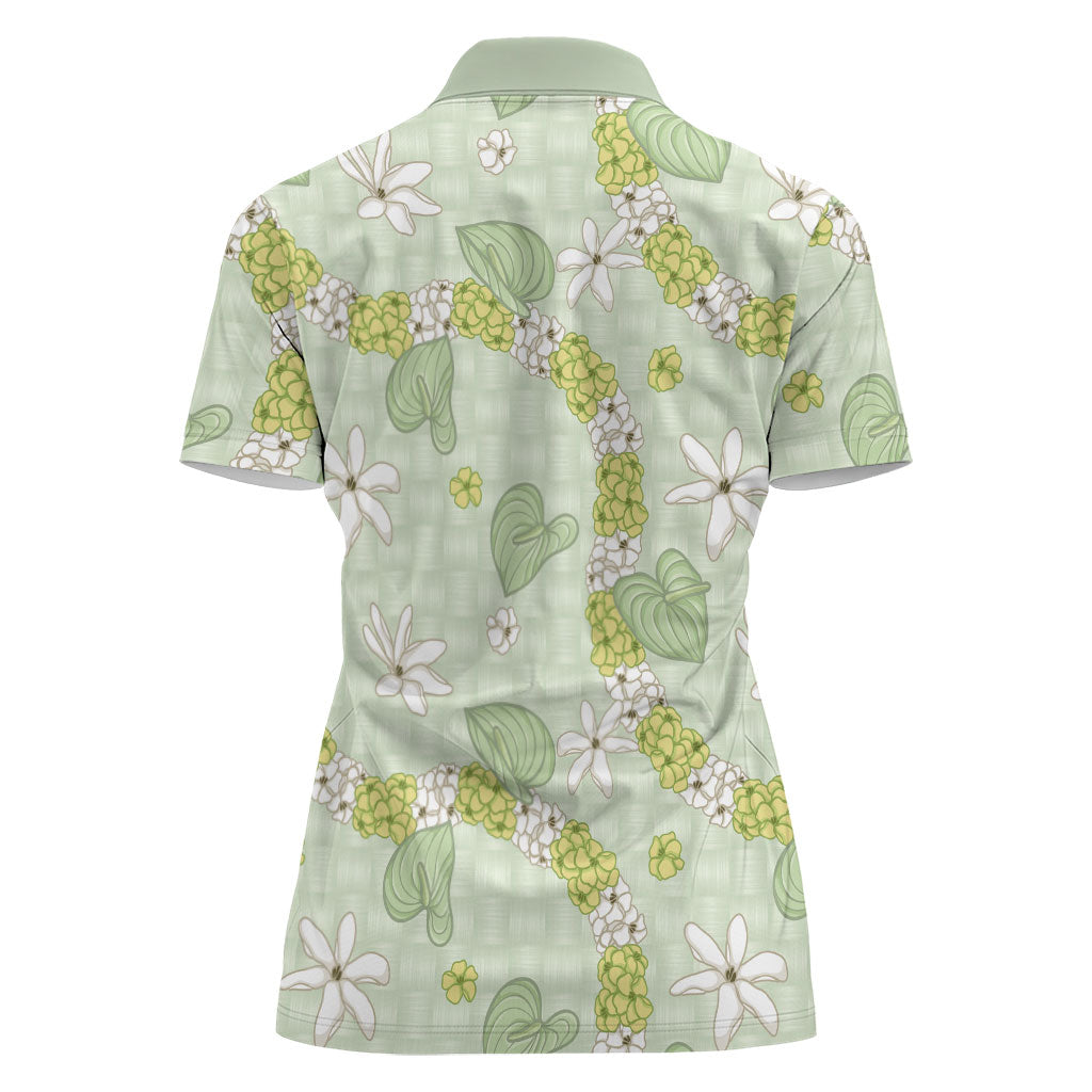 Hawaii Anthurium Tiare Pikake Lei Women Polo Shirt Sage Green Lauhala Art Pattern LT01 - Polynesian Pride