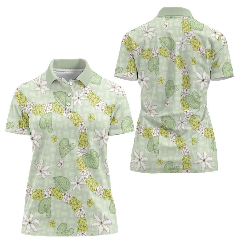 Hawaii Anthurium Tiare Pikake Lei Women Polo Shirt Sage Green Lauhala Art Pattern LT01 - Polynesian Pride