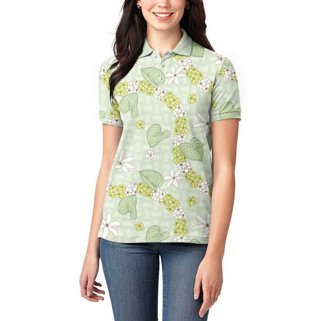 Hawaii Anthurium Tiare Pikake Lei Women Polo Shirt Sage Green Lauhala Art Pattern LT01 - Polynesian Pride