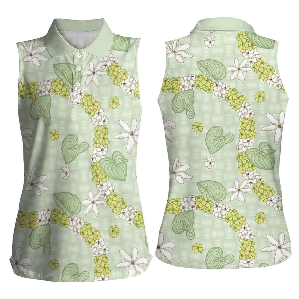 Hawaii Anthurium Tiare Pikake Lei Women Sleeveless Polo Shirt Sage Green Lauhala Art Pattern