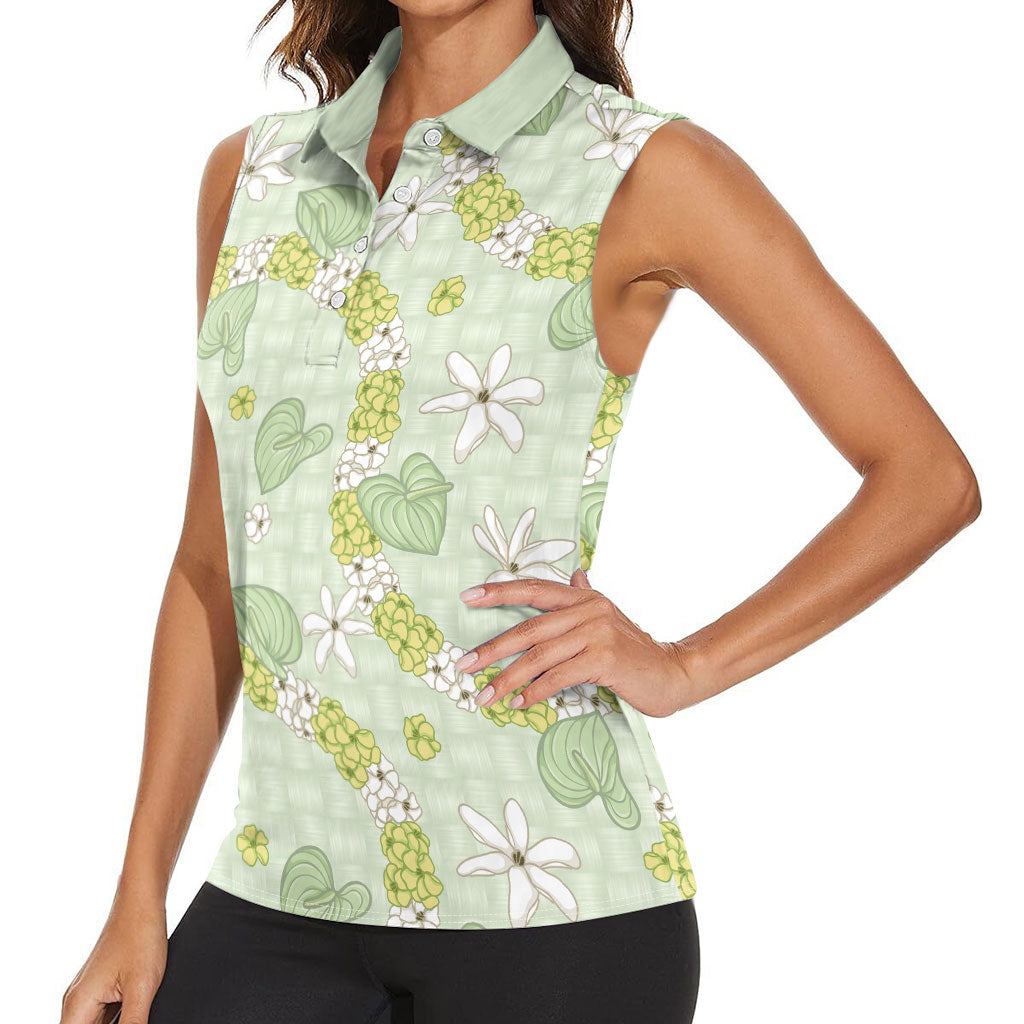 Hawaii Anthurium Tiare Pikake Lei Women Sleeveless Polo Shirt Sage Green Lauhala Art Pattern