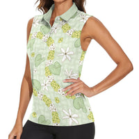 Hawaii Anthurium Tiare Pikake Lei Women Sleeveless Polo Shirt Sage Green Lauhala Art Pattern
