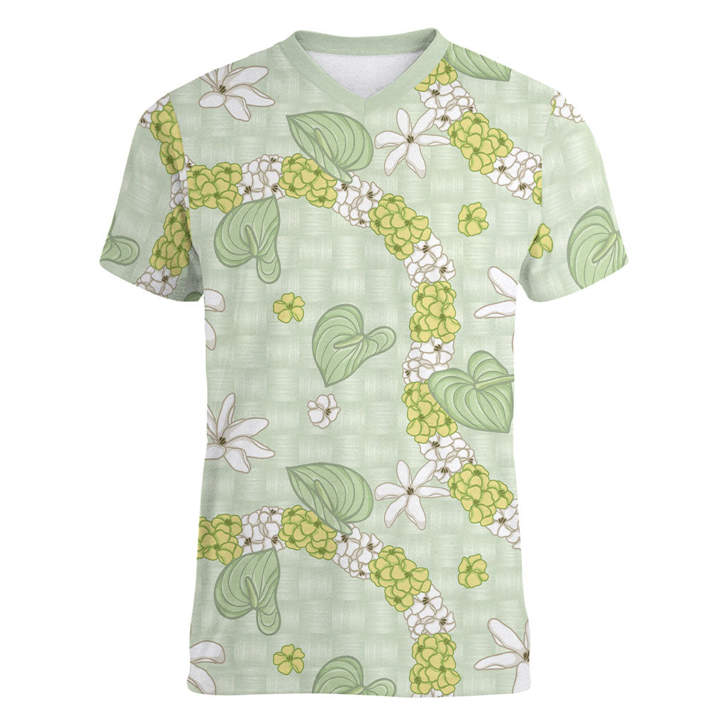 Hawaii Anthurium Tiare Pikake Lei Women V-Neck T-Shirt Sage Green Lauhala Art Pattern LT01 Female Green - Polynesian Pride
