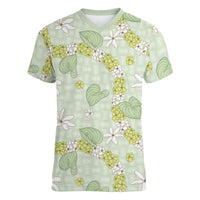Hawaii Anthurium Tiare Pikake Lei Women V-Neck T-Shirt Sage Green Lauhala Art Pattern LT01 Female Green - Polynesian Pride