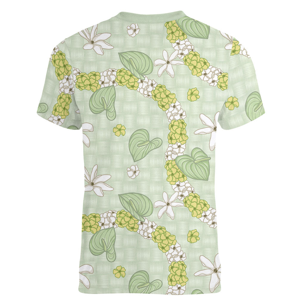 Hawaii Anthurium Tiare Pikake Lei Women V-Neck T-Shirt Sage Green Lauhala Art Pattern LT01 - Polynesian Pride