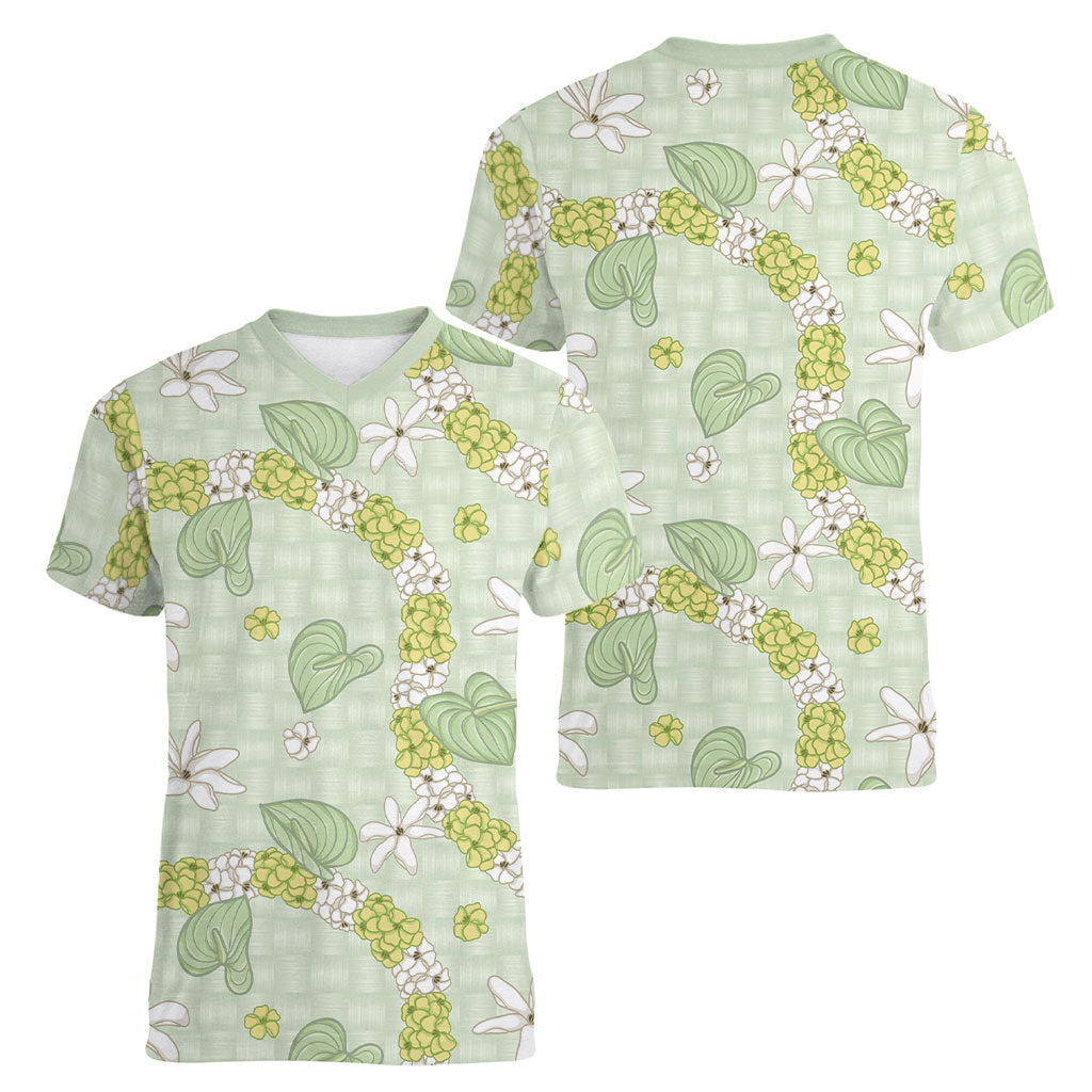 Hawaii Anthurium Tiare Pikake Lei Women V-Neck T-Shirt Sage Green Lauhala Art Pattern LT01 - Polynesian Pride
