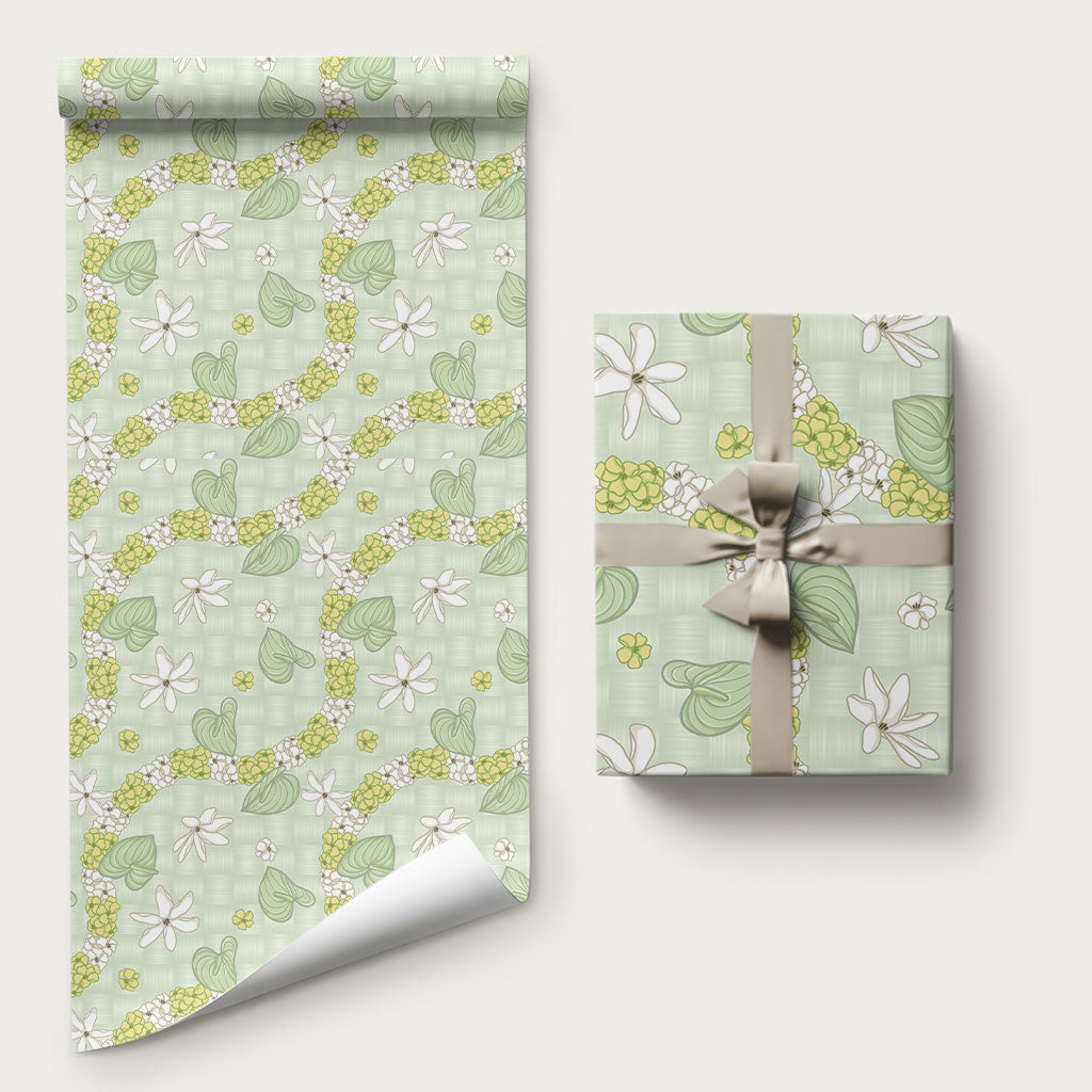 Hawaii Anthurium Tiare Pikake Lei Wrapping Paper Sage Green Lauhala Art Pattern LT01 58" × 23" Green - Polynesian Pride