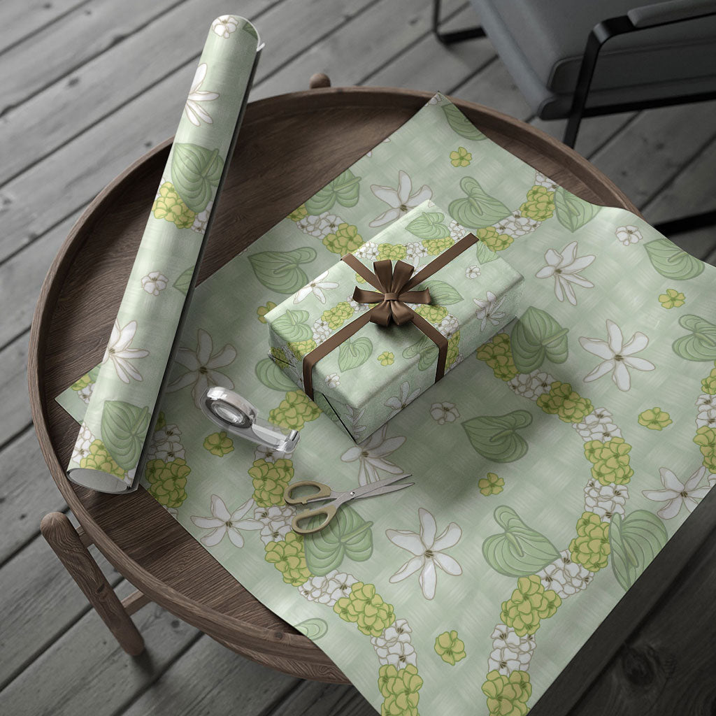 Hawaii Anthurium Tiare Pikake Lei Wrapping Paper Sage Green Lauhala Art Pattern LT01 - Polynesian Pride