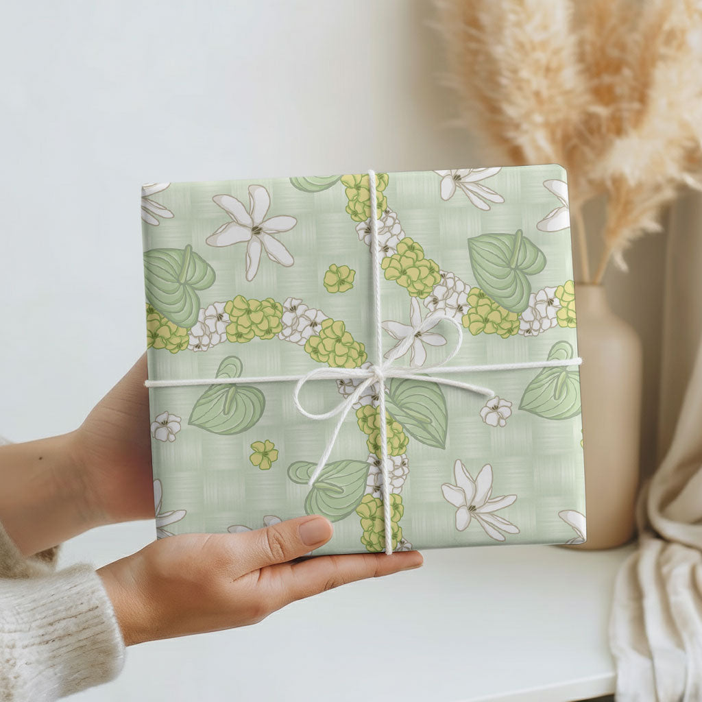 Hawaii Anthurium Tiare Pikake Lei Wrapping Paper Sage Green Lauhala Art Pattern LT01 - Polynesian Pride