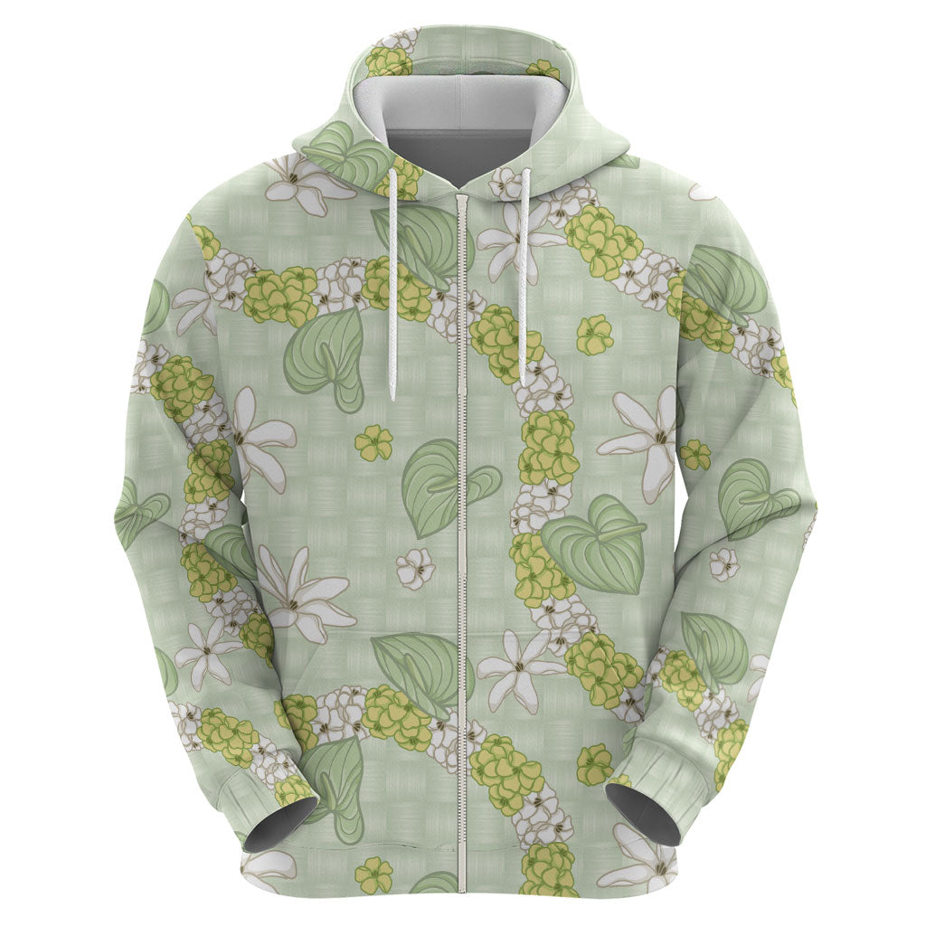 Hawaii Anthurium Tiare Pikake Lei Zip Hoodie Sage Green Lauhala Art Pattern