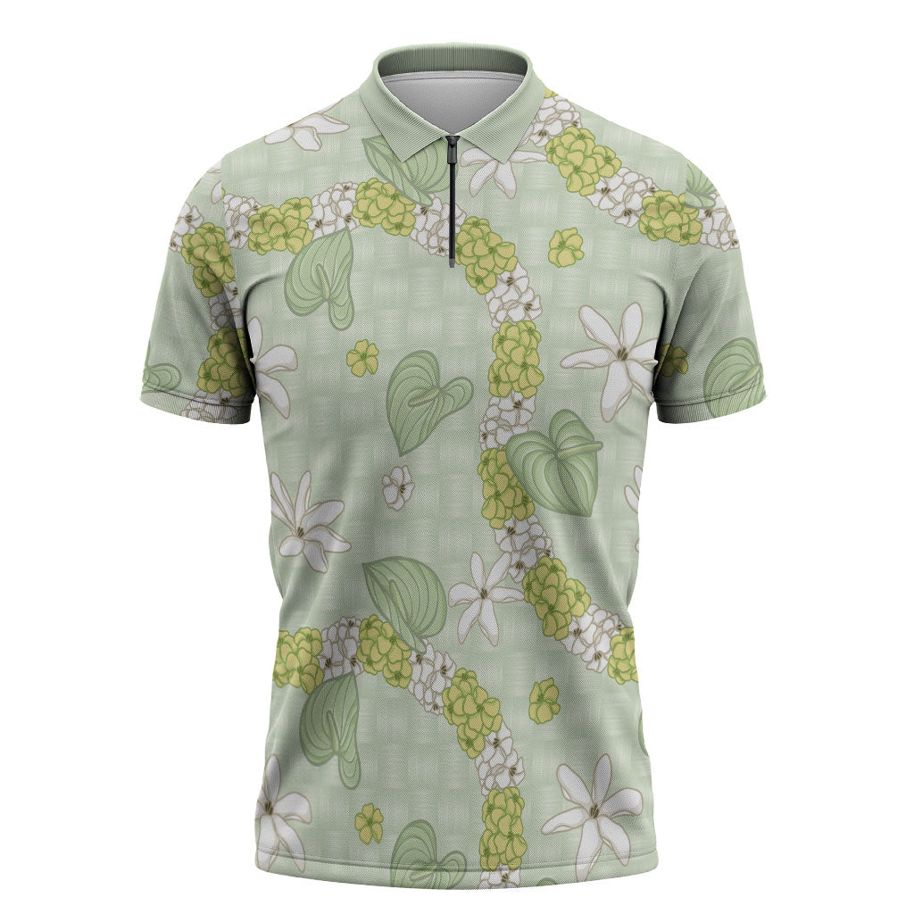 Hawaii Anthurium Tiare Pikake Lei Zipper Polo Shirt Sage Green Lauhala Art Pattern LT01 Green - Polynesian Pride